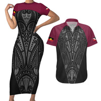Queensland Maori Rugby Nga Hau e Wha Couples Matching Short Sleeve Bodycon Dress and Hawaiian Shirt Maroon Motif