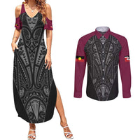 Queensland Maori Rugby Nga Hau e Wha Couples Matching Summer Maxi Dress and Long Sleeve Button Shirt Maroon Motif