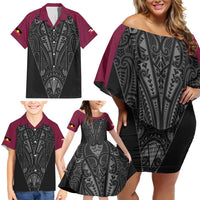 Queensland Maori Rugby Nga Hau e Wha Family Matching Off Shoulder Short Dress and Hawaiian Shirt Maroon Motif