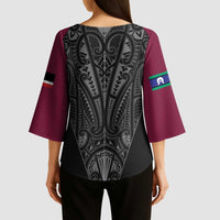 Queensland Maori Rugby Nga Hau e Wha Kimono Sleeve Blouse Maroon Motif - Polynesian Pride