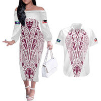 Queensland Maori Rugby Nga Hau e Wha Couples Matching Off The Shoulder Long Sleeve Dress and Hawaiian Shirt White Motif