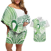 Its Okay Green Ribbon Personalised Couples Matching Off Shoulder Short Dress and Hawaiian Shirt Polynesian Depression Awareness
