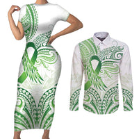 Its Okay Green Ribbon Personalised Couples Matching Short Sleeve Bodycon Dress and Long Sleeve Button Shirt Polynesian Depression Awareness
