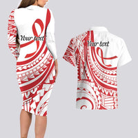 Know Your Status Red Ribbon Personalised Couples Matching Long Sleeve Bodycon Dress and Hawaiian Shirt Polynesian AIDS Awareness
