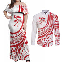 Know Your Status Red Ribbon Personalised Couples Matching Off Shoulder Maxi Dress and Long Sleeve Button Shirt Polynesian AIDS Awareness