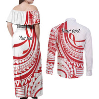 Know Your Status Red Ribbon Personalised Couples Matching Off Shoulder Maxi Dress and Long Sleeve Button Shirt Polynesian AIDS Awareness