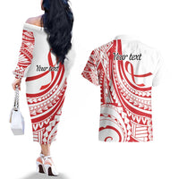 Know Your Status Red Ribbon Personalised Couples Matching Off The Shoulder Long Sleeve Dress and Hawaiian Shirt Polynesian AIDS Awareness