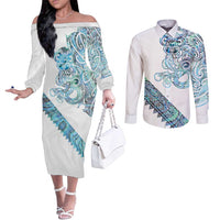 Kahui Whetu Paua shell Kowhaiwhai Taniko Personalised Couples Matching Off The Shoulder Long Sleeve Dress and Long Sleeve Button Shirt Taniwha Maori Tribal Style