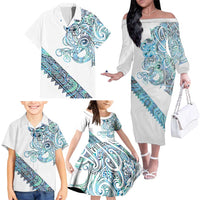Kahui Whetu Paua shell Kowhaiwhai Taniko Personalised Family Matching Off The Shoulder Long Sleeve Dress and Hawaiian Shirt Taniwha Maori Tribal Style