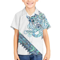 Kahui Whetu Paua shell Kowhaiwhai Taniko Personalised Family Matching Off The Shoulder Long Sleeve Dress and Hawaiian Shirt Taniwha Maori Tribal Style
