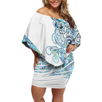 Kahui Whetu Paua shell Kowhaiwhai Taniko Personalised Off Shoulder Short Dress Taniwha Maori Tribal Style