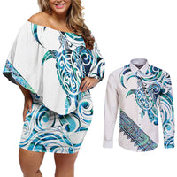 Kahui Whetu Paua shell Kowhaiwhai Taniko Personalised Couples Matching Off Shoulder Short Dress and Long Sleeve Button Shirt Turtle Tattoo Maori Tribal Style