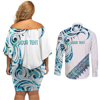 Kahui Whetu Paua shell Kowhaiwhai Taniko Personalised Couples Matching Off Shoulder Short Dress and Long Sleeve Button Shirt Turtle Tattoo Maori Tribal Style