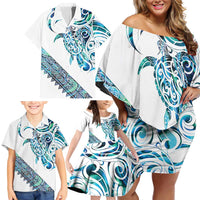 Kahui Whetu Paua shell Kowhaiwhai Taniko Personalised Family Matching Off Shoulder Short Dress and Hawaiian Shirt Turtle Tattoo Maori Tribal Style
