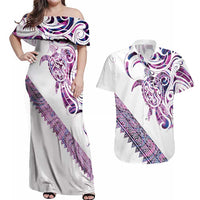 Mawhero Paua shell Kowhaiwhai Taniko Personalised Couples Matching Off Shoulder Maxi Dress and Hawaiian Shirt Turtle Tattoo Maori Tribal Style