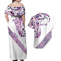 Mawhero Paua shell Kowhaiwhai Taniko Personalised Couples Matching Off Shoulder Maxi Dress and Hawaiian Shirt Turtle Tattoo Maori Tribal Style