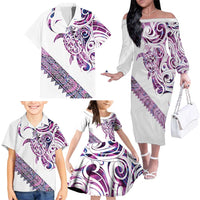 Mawhero Paua shell Kowhaiwhai Taniko Personalised Family Matching Off The Shoulder Long Sleeve Dress and Hawaiian Shirt Turtle Tattoo Maori Tribal Style