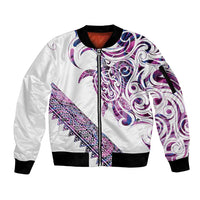 Mawhero Paua shell Kowhaiwhai Taniko Personalised Sleeve Zip Bomber Jacket Turtle Tattoo Maori Tribal Style