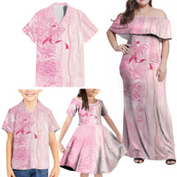 Breast Cancer Awareness Family Matching Off Shoulder Maxi Dress and Hawaiian Shirt Maile Pikake Lokelani Crown Flower Lei Inspired