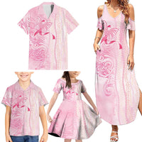 Breast Cancer Awareness Family Matching Summer Maxi Dress and Hawaiian Shirt Maile Pikake Lokelani Crown Flower Lei Inspired