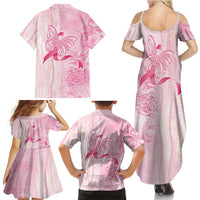 Breast Cancer Awareness Family Matching Summer Maxi Dress and Hawaiian Shirt Maile Pikake Lokelani Crown Flower Lei Inspired