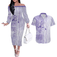 Epilepsy Awareness Couples Matching Off The Shoulder Long Sleeve Dress and Hawaiian Shirt Maile Pikake Lokelani Crown Flower Lei Inspired