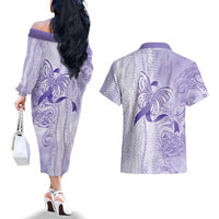 Epilepsy Awareness Couples Matching Off The Shoulder Long Sleeve Dress and Hawaiian Shirt Maile Pikake Lokelani Crown Flower Lei Inspired