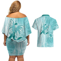PTSD Awareness Couples Matching Off Shoulder Short Dress and Hawaiian Shirt Maile Pikake Lokelani Crown Flower Lei Inspired