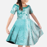 PTSD Awareness Family Matching Off Shoulder Short Dress and Hawaiian Shirt Maile Pikake Lokelani Crown Flower Lei Inspired LT9 Daughter's Dress Teal - Polynesian Pride