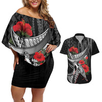 Hawaiian Honu Personalized Couples Matching Off Shoulder Short Dress and Hawaiian Shirt Black Tribal Hook Pattern LT9 Black - Polynesian Pride