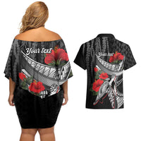 Hawaiian Honu Personalized Couples Matching Off Shoulder Short Dress and Hawaiian Shirt Black Tribal Hook Pattern LT9 - Polynesian Pride