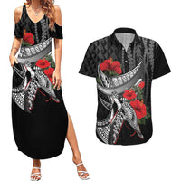Hawaiian Honu Personalized Couples Matching Summer Maxi Dress and Hawaiian Shirt Black Tribal Hook Pattern