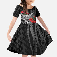 Hawaiian Honu Personalized Family Matching Off Shoulder Short Dress and Hawaiian Shirt Black Tribal Hook Pattern LT9 Daughter's Dress Black - Polynesian Pride