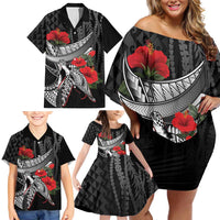 Hawaiian Honu Personalized Family Matching Off Shoulder Short Dress and Hawaiian Shirt Black Tribal Hook Pattern LT9 - Polynesian Pride