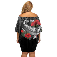 Hawaiian Honu Personalized Family Matching Off Shoulder Short Dress and Hawaiian Shirt Black Tribal Hook Pattern LT9 - Polynesian Pride