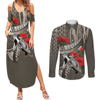 Hawaiian Honu Personalized Couples Matching Summer Maxi Dress and Long Sleeve Button Shirt Mocha Mousse Hibiscus Tribal Hook Pattern