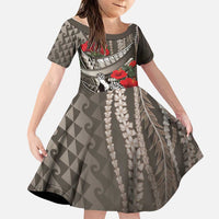 Hawaiian Honu Personalized Family Matching Puletasi and Hawaiian Shirt Mocha Mousse Hibiscus Tribal Hook Pattern LT9 Daughter's Dress Mocha - Polynesian Pride