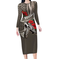 Hawaiian Honu Personalized Long Sleeve Bodycon Dress Mocha Mousse Hibiscus Tribal Hook Pattern