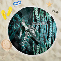 Hawaiian Honu Personalized Beach Blanket Dark Cyan Maile Pikake Flower Lei Inspired