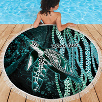 Hawaiian Honu Personalized Beach Blanket Dark Cyan Maile Pikake Flower Lei Inspired