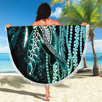 Hawaiian Honu Personalized Beach Blanket Dark Cyan Maile Pikake Flower Lei Inspired