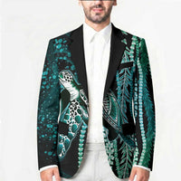 Hawaiian Honu Personalized Blazer Dark Cyan Maile Pikake Flower Lei Inspired