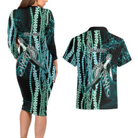 Hawaiian Honu Personalized Couples Matching Long Sleeve Bodycon Dress and Hawaiian Shirt Dark Cyan Maile Pikake Flower Lei Inspired