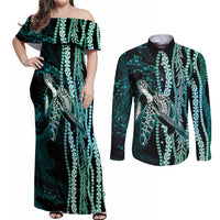 Hawaiian Honu Personalized Couples Matching Off Shoulder Maxi Dress and Long Sleeve Button Shirt Dark Cyan Maile Pikake Flower Lei Inspired