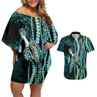 Hawaiian Honu Personalized Couples Matching Off Shoulder Short Dress and Hawaiian Shirt Dark Cyan Maile Pikake Flower Lei Inspired