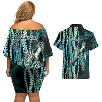 Hawaiian Honu Personalized Couples Matching Off Shoulder Short Dress and Hawaiian Shirt Dark Cyan Maile Pikake Flower Lei Inspired