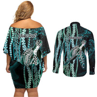 Hawaiian Honu Personalized Couples Matching Off Shoulder Short Dress and Long Sleeve Button Shirt Dark Cyan Maile Pikake Flower Lei Inspired