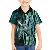 Hawaiian Honu Personalized Kid Hawaiian Shirt Dark Cyan Maile Pikake Flower Lei Inspired LT9 Kid Cyan - Polynesian Pride