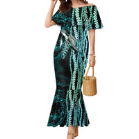 Hawaiian Honu Personalized Mermaid Dress Dark Cyan Maile Pikake Flower Lei Inspired LT9 Women Cyan - Polynesian Pride