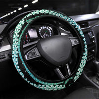 Hawaiian Honu Steering Wheel Cover Dark Cyan Maile Pikake Flower Lei Inspired